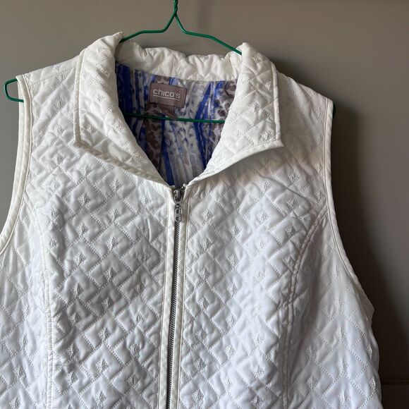 Chico's Women's Ribbed Quilted Vest Sz 2 Large White Zip Collared Pocket Lined - Picture 2 of 13